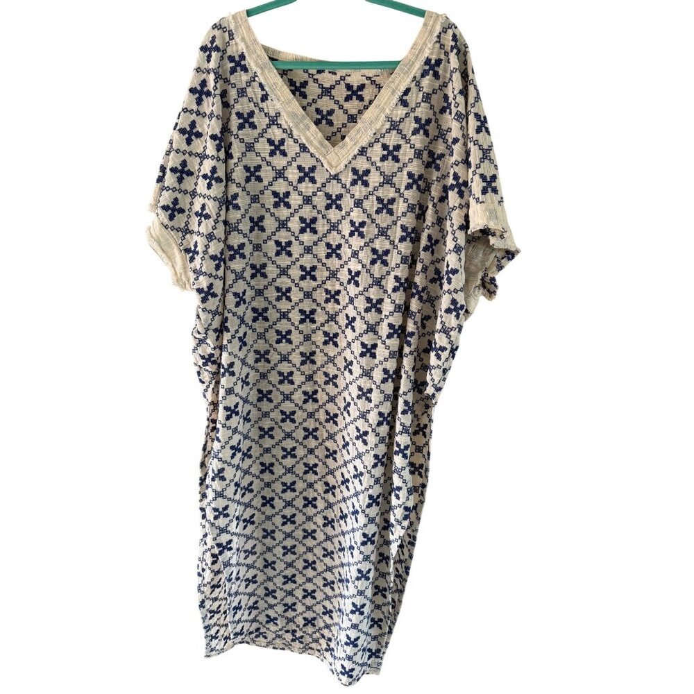 Woven Cotton Womens Caftan One Size Cream Blue V Neck Side Slit Casual Vintage